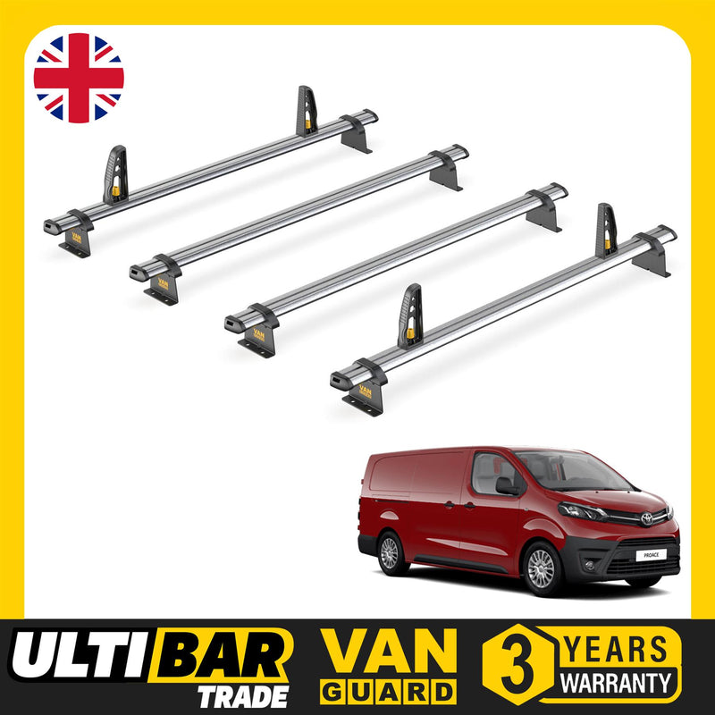 Toyota ProAce Roof Rack for (2016+ LWB) 4x Roof Bars + Loadstops Van Guard Trade