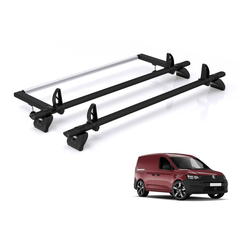 VW Caddy (2020-) - 2 Rhino Kammbar Black Roof Bars + Roller (Aluminium)