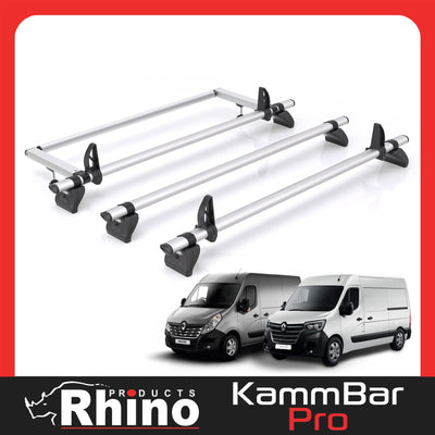 Renault Master (2010-2024) - 3 Rhino Kammbar Pro Roof Bars + Roller (Aluminium)