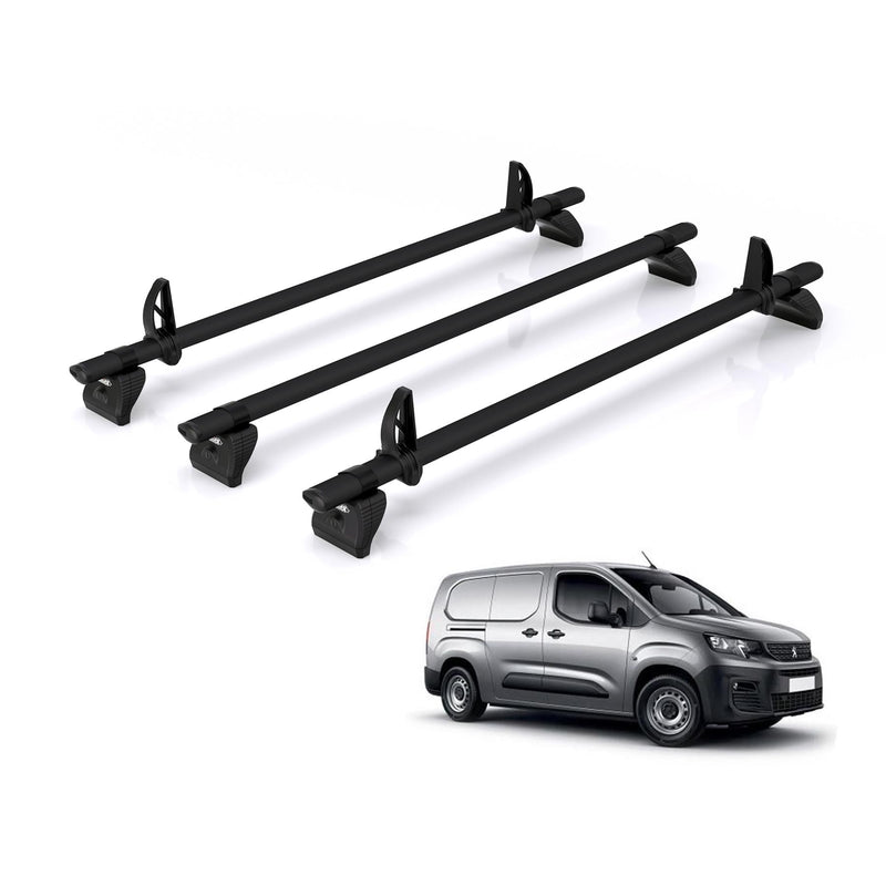 Peugeot Partner (2018-) - 3 Rhino Kammbar Black Roof Bars (Aluminium)