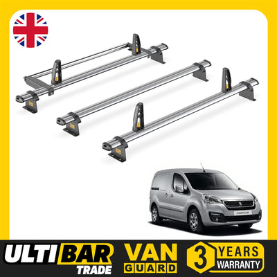 Peugeot Partner Roof Rack (2008-2018 SWB) 3x Bars & Roller Van Guard Ulti Trade
