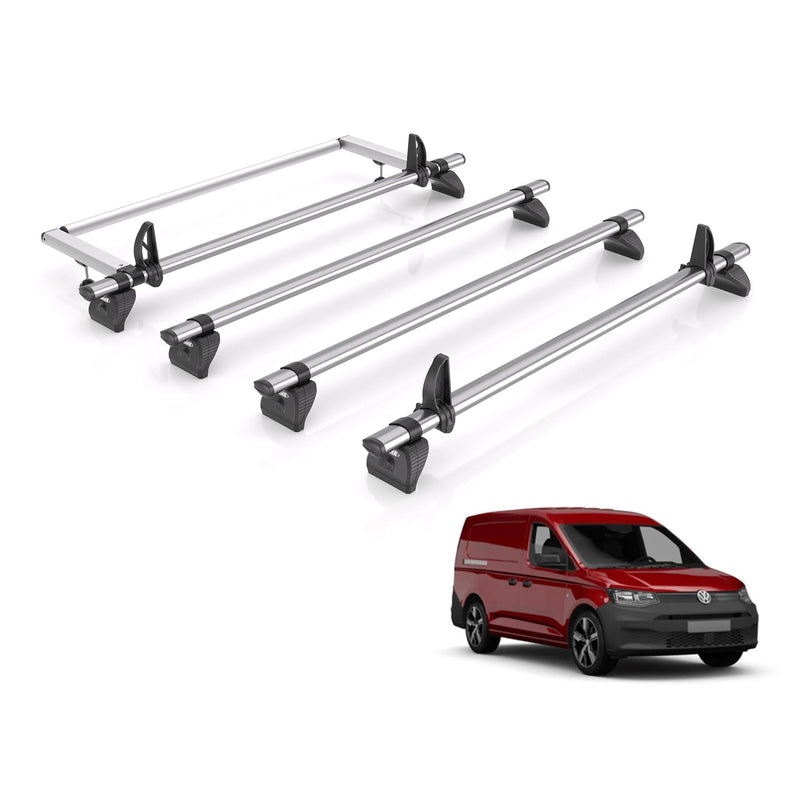 VW Caddy (2020-) - 4 Rhino Kammbar Fleet Roof Bars + Roller (Steel)