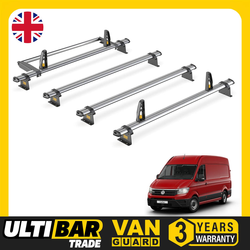 VW Crafter Roof Rack for 2017+ 4x Roof Bars & Roller & Loadstops Van Guard Trade