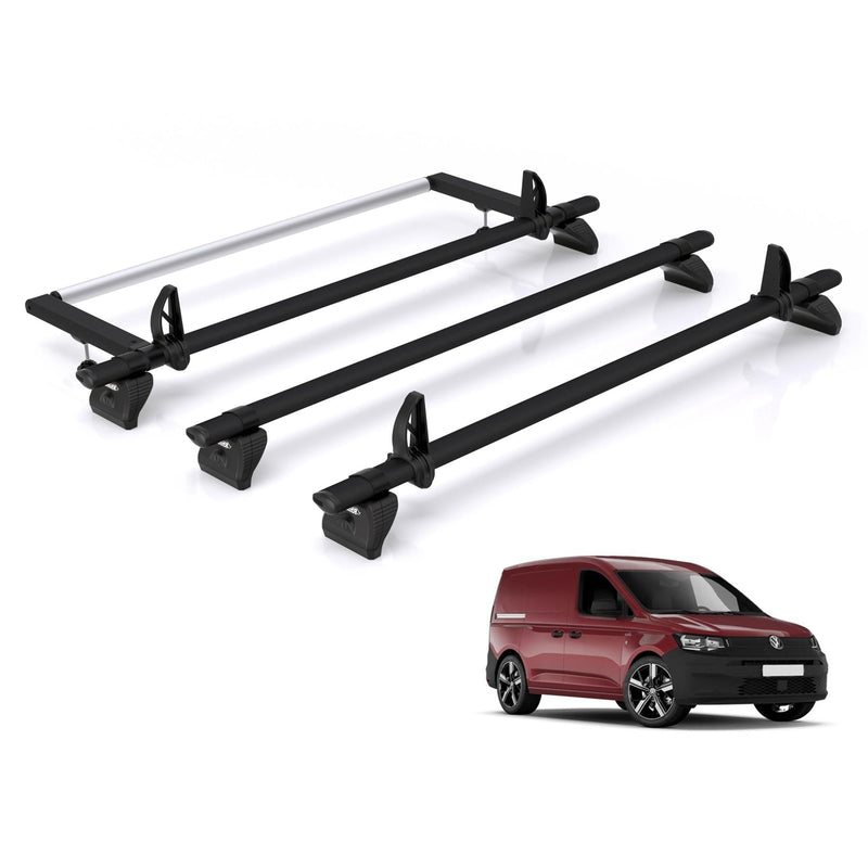 VW Caddy (2020-) - 3 Rhino Kammbar Black Roof Bars + Roller (Aluminium)